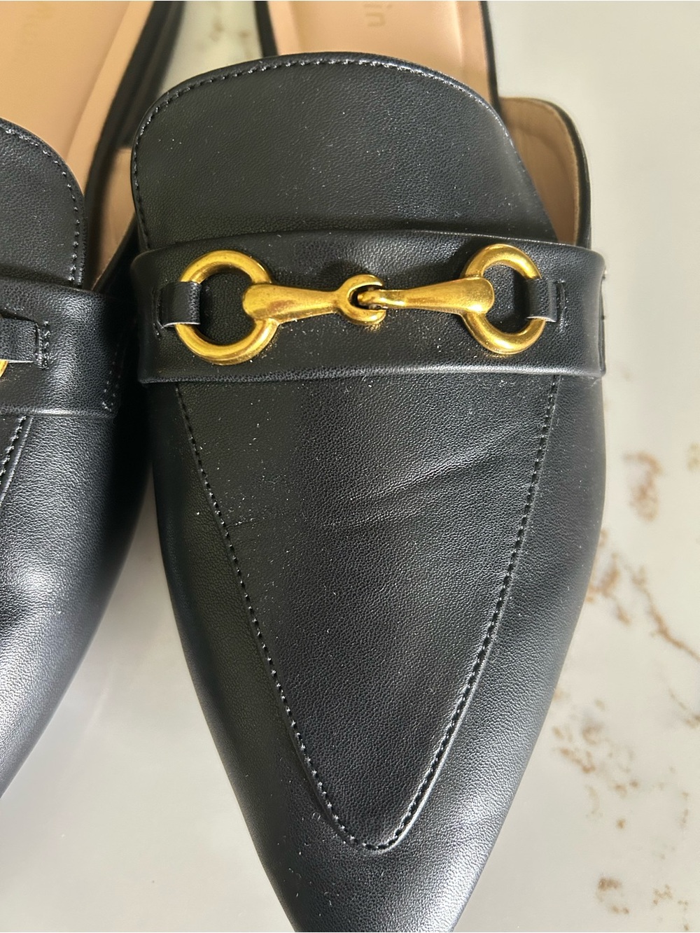 Black Leather Slip-On Mules with Gold Bit Detail - Women-Size 10 - Picture 7 of 7